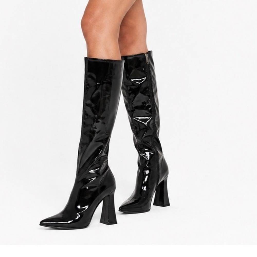 Pink Kiss Bernadette Black Patent Pointed Toe Flared Block Heel Tall Boots 9
